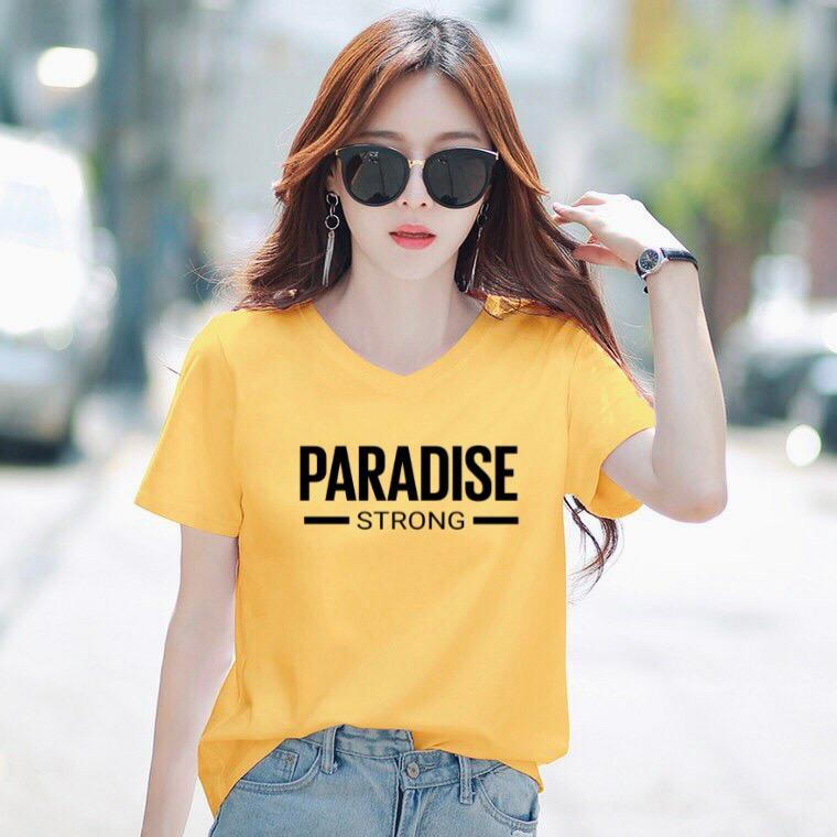 Áo thun nữ cổ tim form rộng in chữ Paradise từ 40-60kg