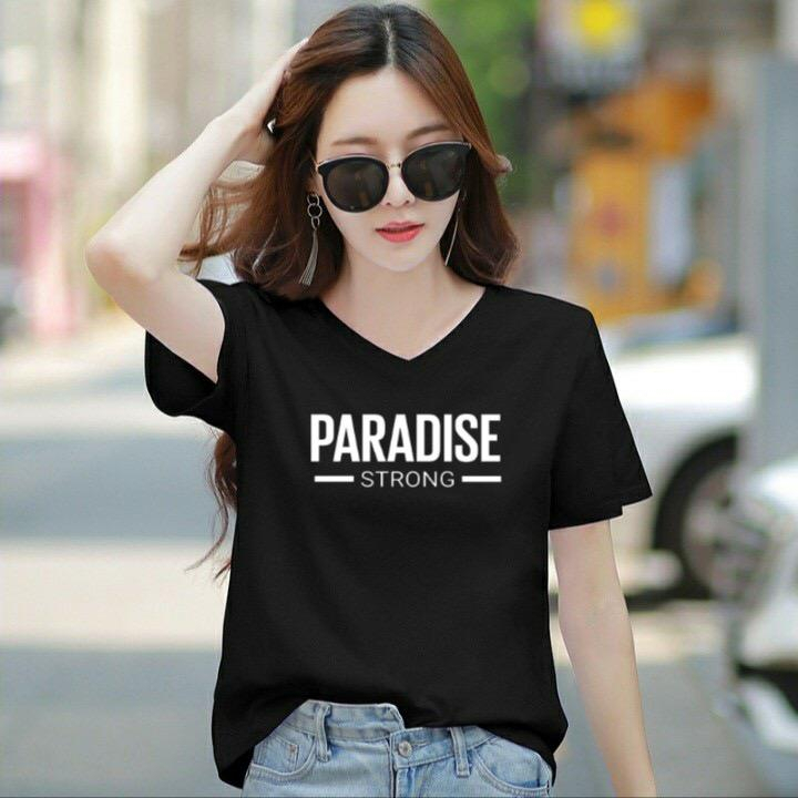 Áo thun nữ cổ tim form rộng in chữ Paradise từ 40-60kg