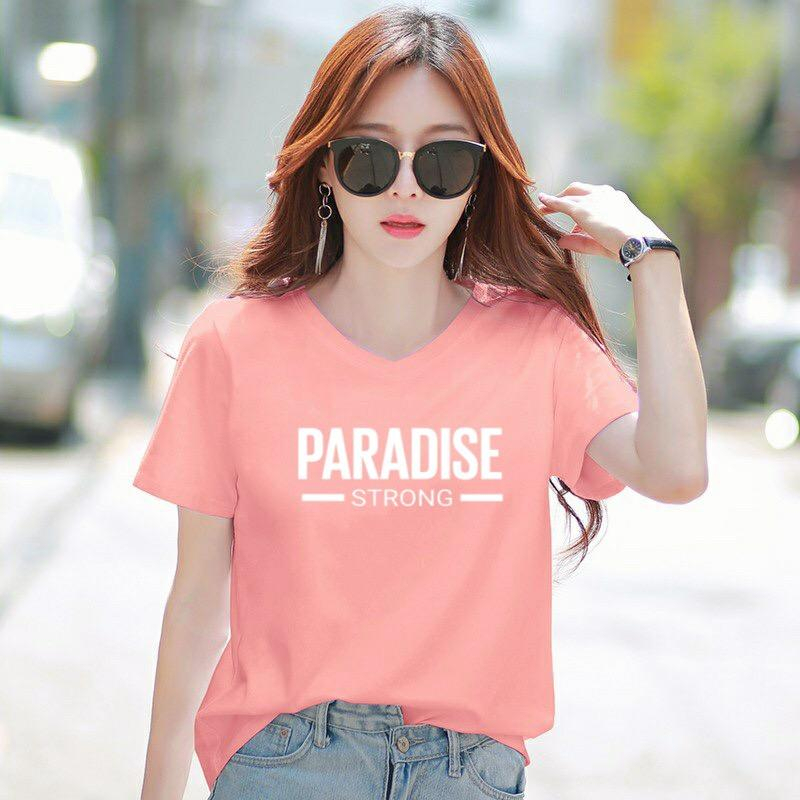 Áo thun nữ cổ tim form rộng in chữ Paradise từ 40-60kg