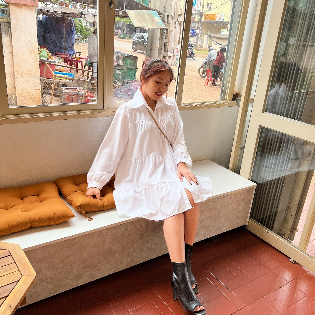 Đầm váy nữ bigsize cổ sơ mi cài cúc tay dài xinh xắn form rộng dấu quần trẻ trung Bigsize Cô Nhỏ - DAMSM