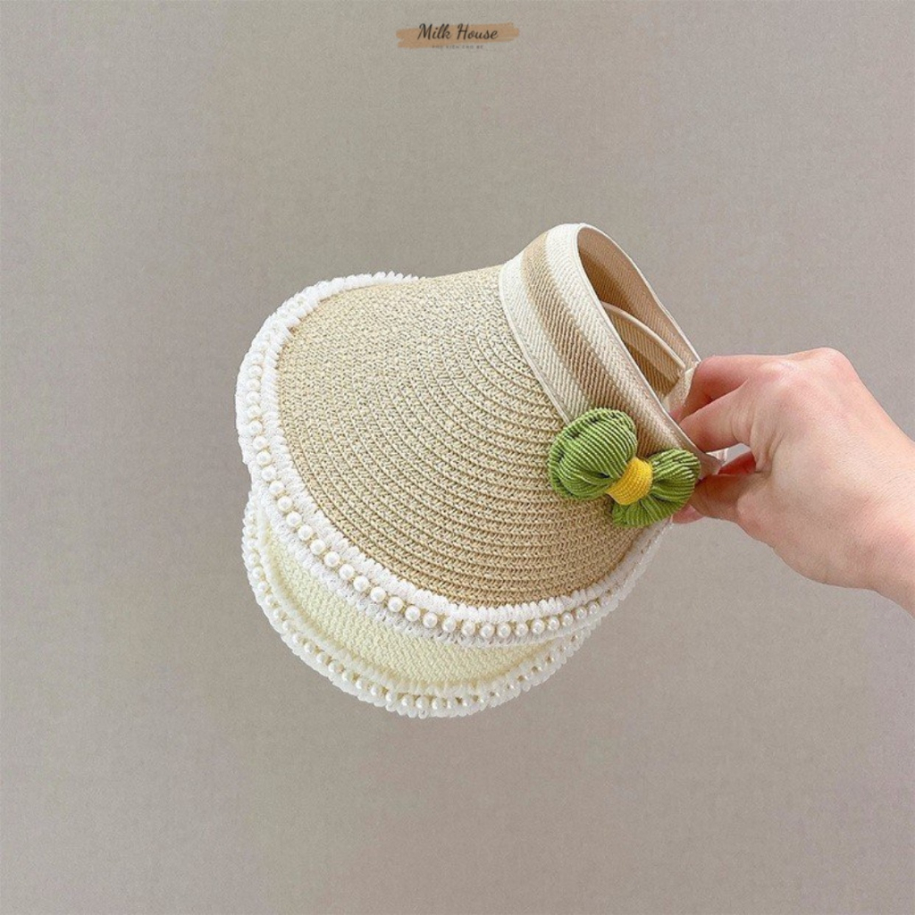 Mũ nón cói chống nắng nửa đầu đính nơ, viền ren ngọc cho bé, nón cói mùa hè cực xinh cho bé gái từ 1- 6 tuổi