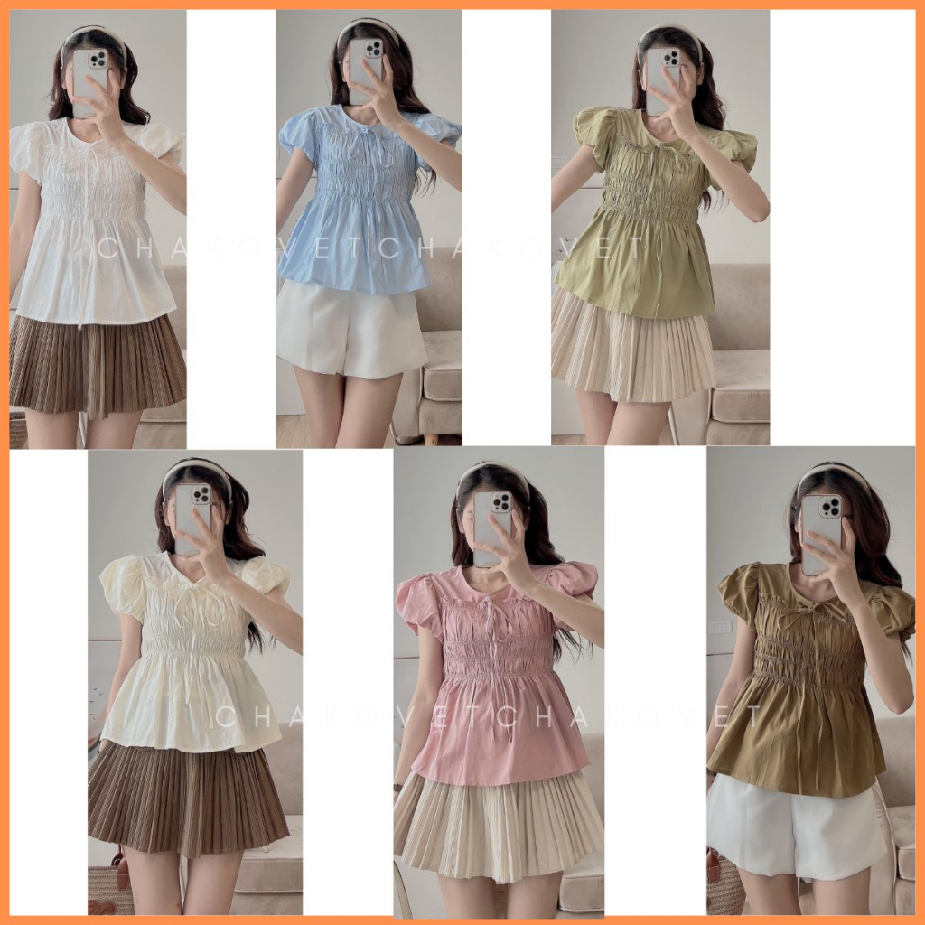 Áo babydoll tay phồng dáng xoè bo chun mix dây thắt nơ siêu xinh đi học đi chơi freesize dưới 56kg A8654 - CHAKOVET