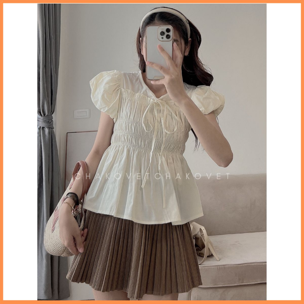 Áo babydoll tay phồng dáng xoè bo chun mix dây thắt nơ siêu xinh đi học đi chơi freesize dưới 56kg A8654 - CHAKOVET