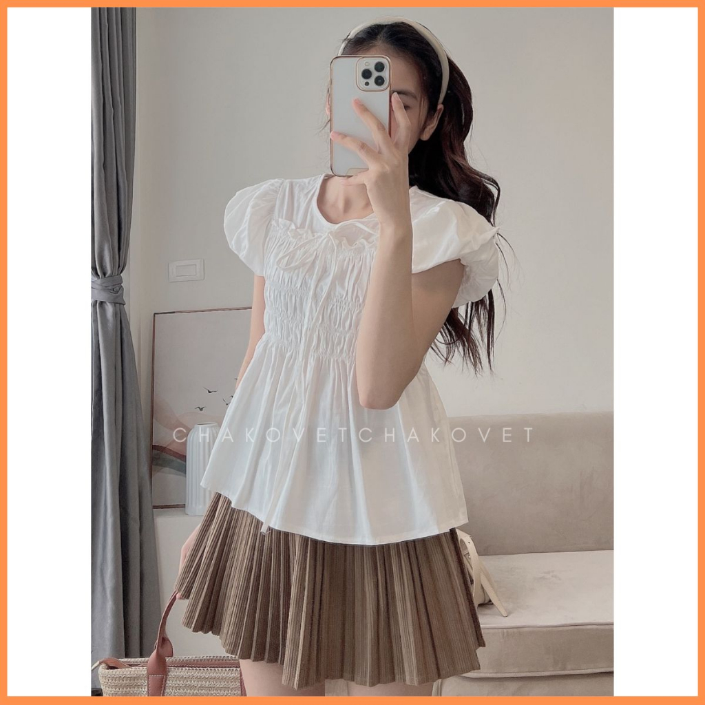 Áo babydoll tay phồng dáng xoè bo chun mix dây thắt nơ siêu xinh đi học đi chơi freesize dưới 56kg A8654 - CHAKOVET