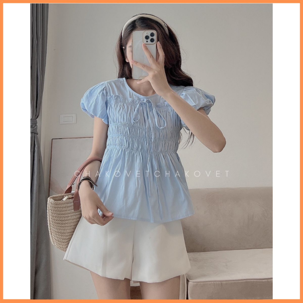 Áo babydoll tay phồng dáng xoè bo chun mix dây thắt nơ siêu xinh đi học đi chơi freesize dưới 56kg A8654 - CHAKOVET