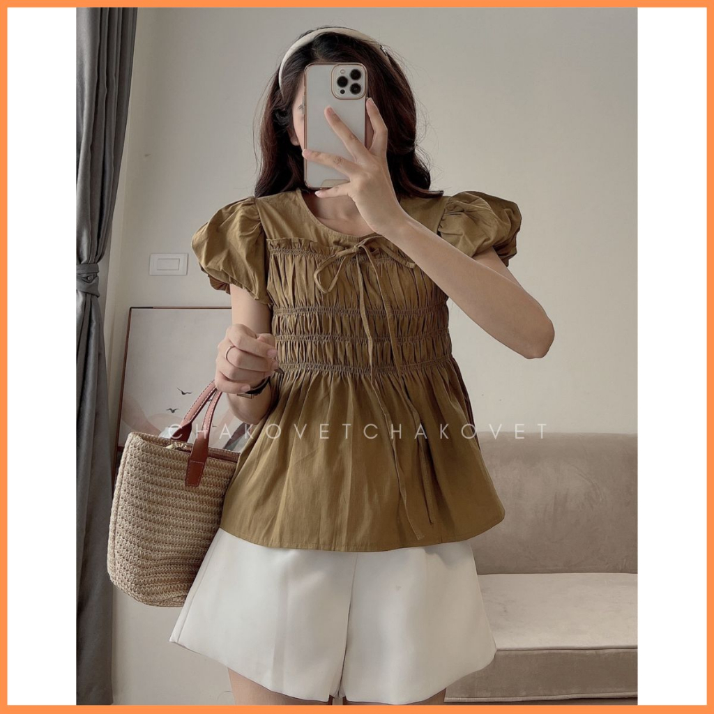 Áo babydoll tay phồng dáng xoè bo chun mix dây thắt nơ siêu xinh đi học đi chơi freesize dưới 56kg A8654 - CHAKOVET