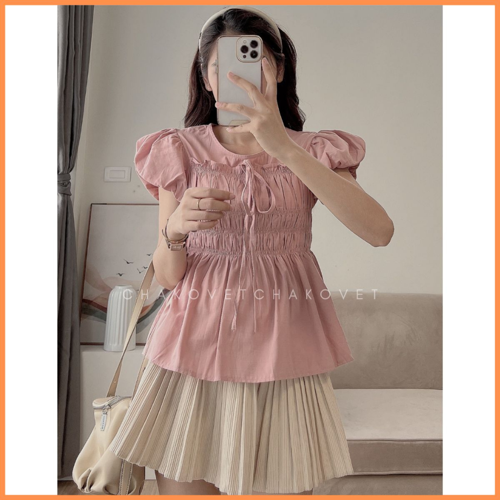Áo babydoll tay phồng dáng xoè bo chun mix dây thắt nơ siêu xinh đi học đi chơi freesize dưới 56kg A8654 - CHAKOVET