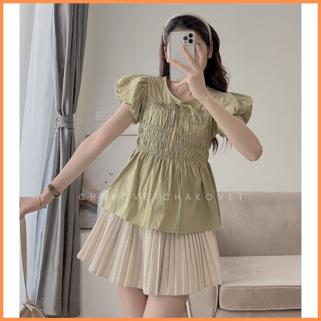 Áo babydoll tay phồng dáng xoè bo chun mix dây thắt nơ siêu xinh đi học đi chơi freesize dưới 56kg A8654 - CHAKOVET