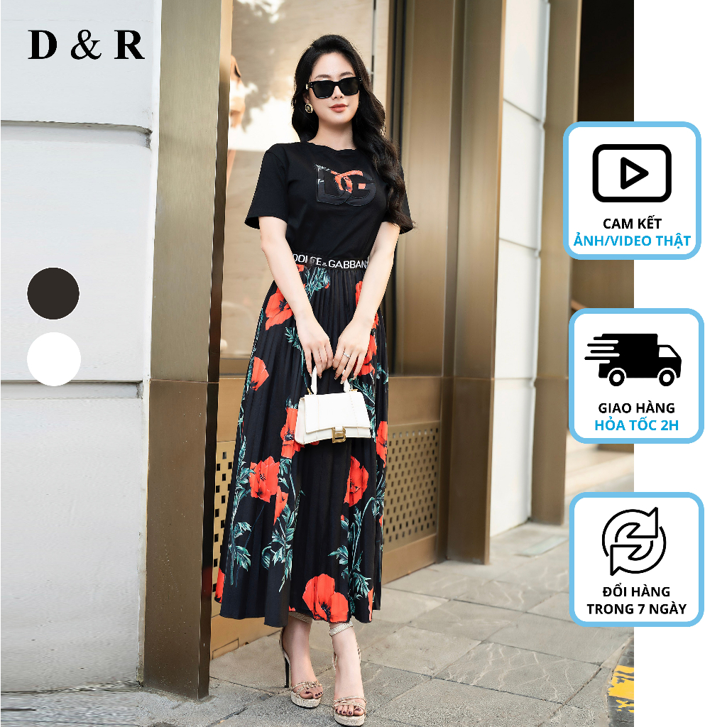 Set chân váy xếp ly áo thun cotton DG họa tiết hoa Quảng Châu cao cấp D&R Fashion S033
