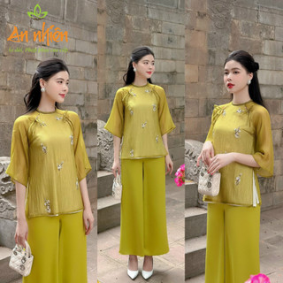 Pháp phục đi chùa, bộ đồ đi lễ chất liệu tơ cao cấp thêu hoa màu xanh cốm