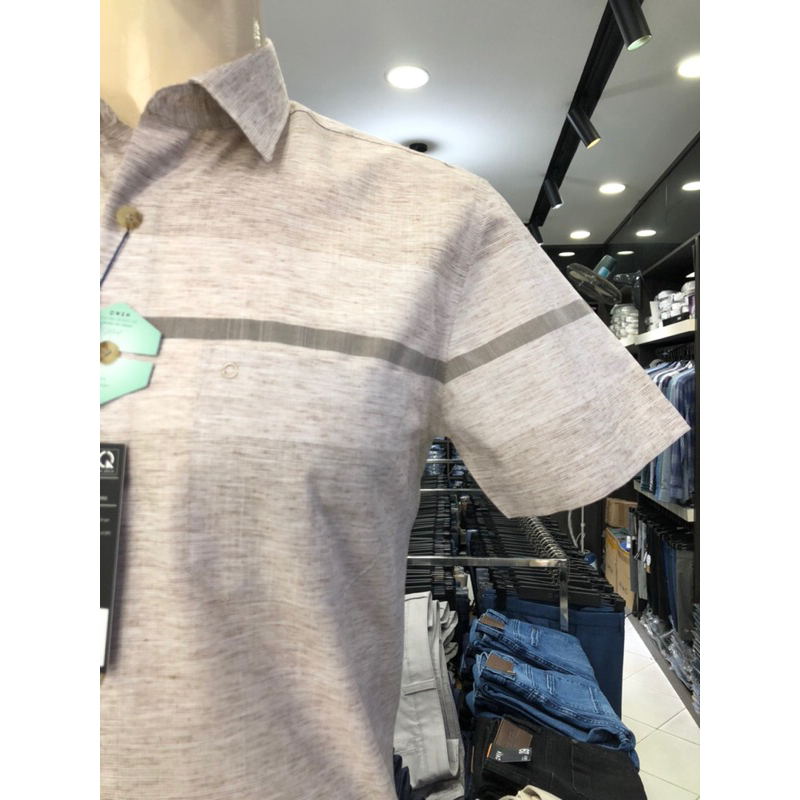 Áo sơ mi owen ngắn tay màu kẻ ngang nâu body fit vạt ngang vải bạc hà AB230076NT