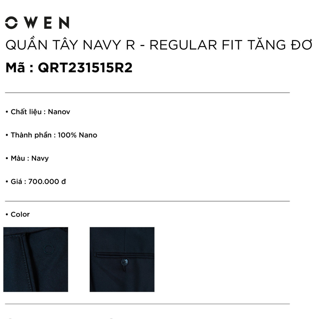 Quần âu nam quần tây công sở OWEN QRT231515R2 dáng regular fit ống đứng suông rộng cạp chun màu xanh navy vải nano