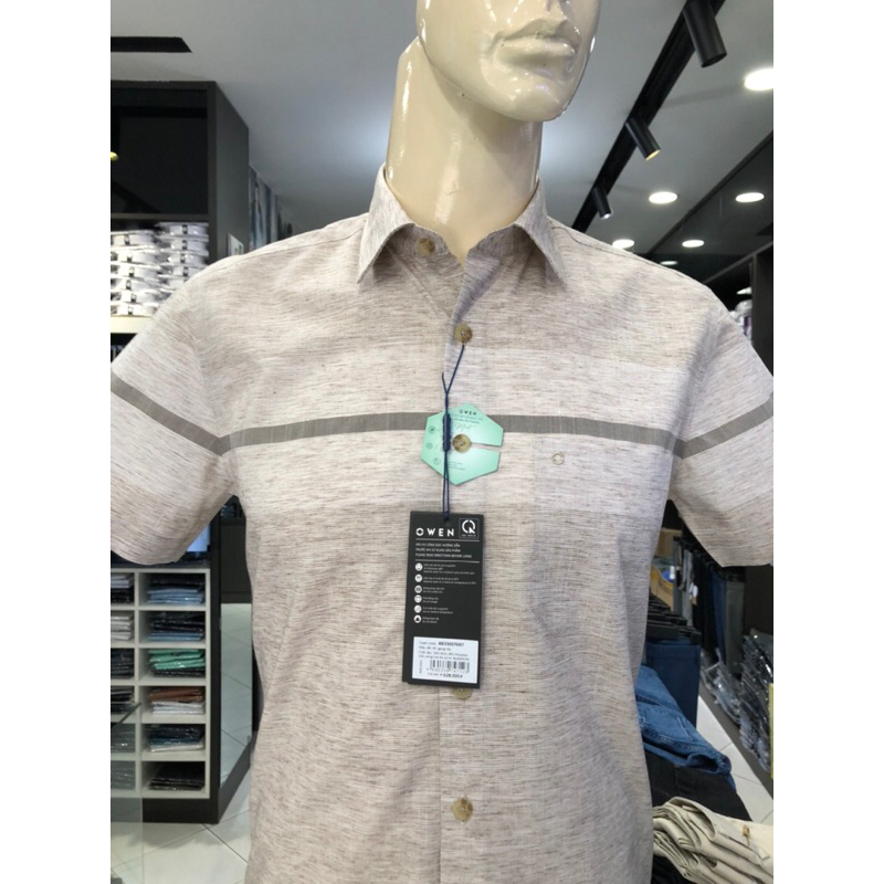 Áo sơ mi owen ngắn tay màu kẻ ngang nâu body fit vạt ngang vải bạc hà AB230076NT