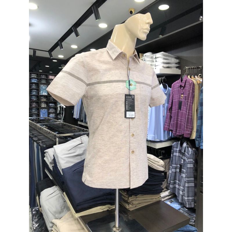 Áo sơ mi owen ngắn tay màu kẻ ngang nâu body fit vạt ngang vải bạc hà AB230076NT