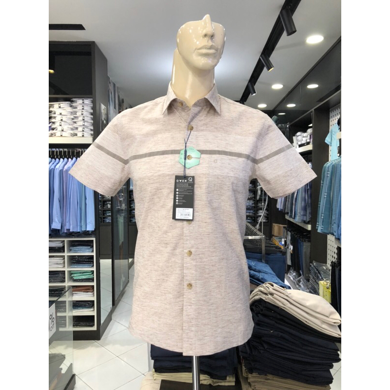 Áo sơ mi owen ngắn tay màu kẻ ngang nâu body fit vạt ngang vải bạc hà AB230076NT