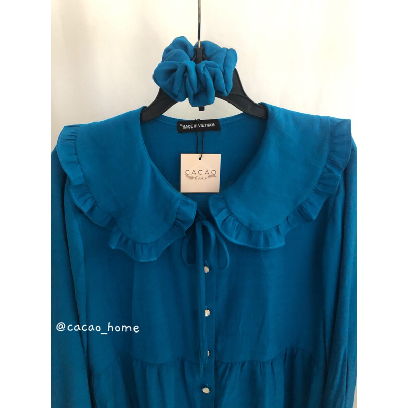 Áo babydoll cổ sen thắt nơ tay phồng tiểu thư phong cách Hàn Quốc tặng kèm cột tóc cùng màu áo