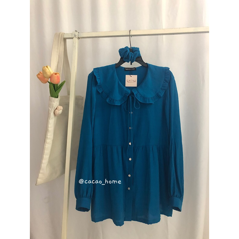 Áo babydoll cổ sen thắt nơ tay phồng tiểu thư phong cách Hàn Quốc tặng kèm cột tóc cùng màu áo