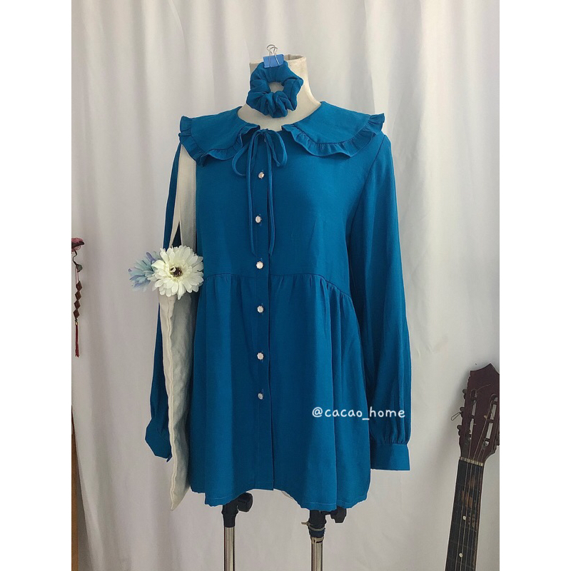 Áo babydoll cổ sen thắt nơ tay phồng tiểu thư phong cách Hàn Quốc tặng kèm cột tóc cùng màu áo