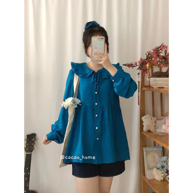 Áo babydoll cổ sen thắt nơ tay phồng tiểu thư phong cách Hàn Quốc tặng kèm cột tóc cùng màu áo