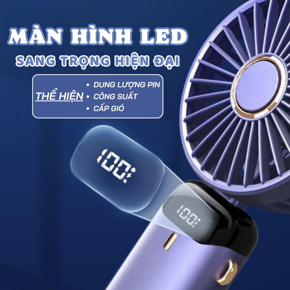 [TẶNG MÓC DÁN TƯỜNG] Quạt Cầm Tay Mini Tích Điện Gấp Gọn Dung Lượng Pin 6000mAh Màn Hình Hiển Thị Pin, Cổng Sạc Type-C