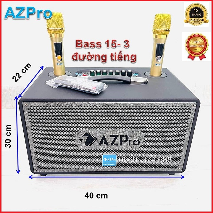 Loa Bluetooth chính hãng AZPRO,Bass 15 thùng gỗ bọc da, mẫu Vali 3 đường tiếng xách tay đẹp mắt ,tặng 2 mic không dây