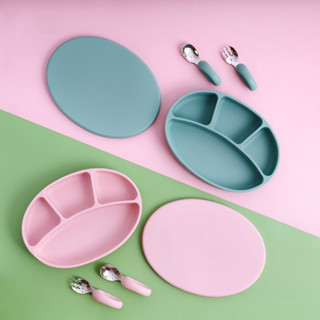 Khay Ăn Dặm Silicone 4 Ngăn Có Nắp Kèm Thìa Nĩa Tập Xúc, Set Khay Ăn Dặm Silicon Cho Bé Ăn Dặm
