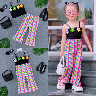 Set áo dây hoa thêu nổi phối kèm quần loe xẻ tà thời trang