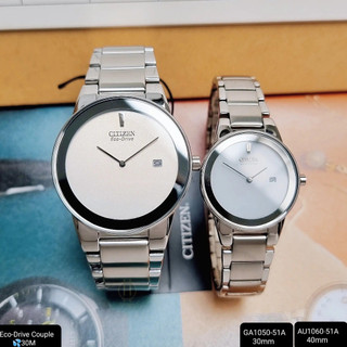 Đồng hồ cặp nam nữ chính hãng Citizen GA1050-51A và AU1060-51A - Máy Quartz Pin năng lượng ánh sáng - Kính cứng