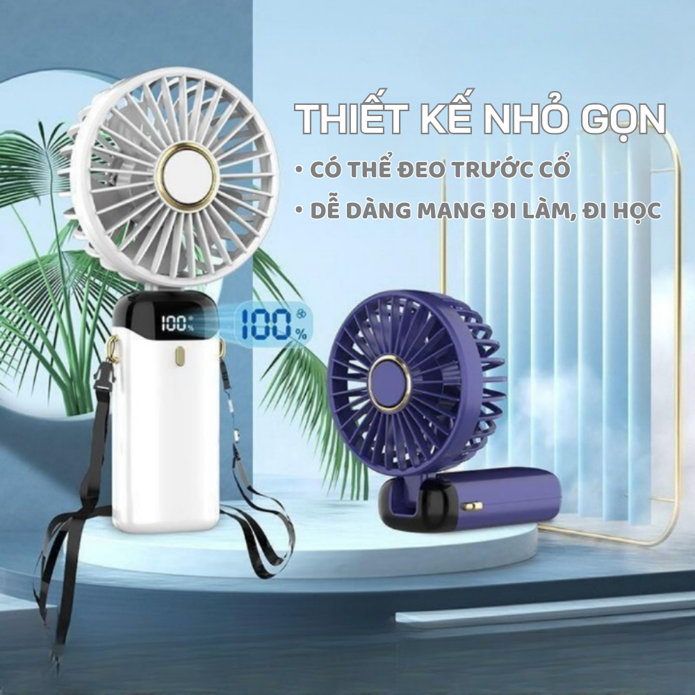 [TẶNG MÓC DÁN TƯỜNG] Quạt Cầm Tay Mini Tích Điện Gấp Gọn Dung Lượng Pin 6000mAh Màn Hình Hiển Thị Pin, Cổng Sạc Type-C