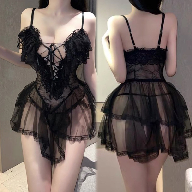 (Hoả tốc 2h) Váy ngủ xuyên thấu sexy bèo xếp ly 2 tầng-Váy ngủ Qccc qc334