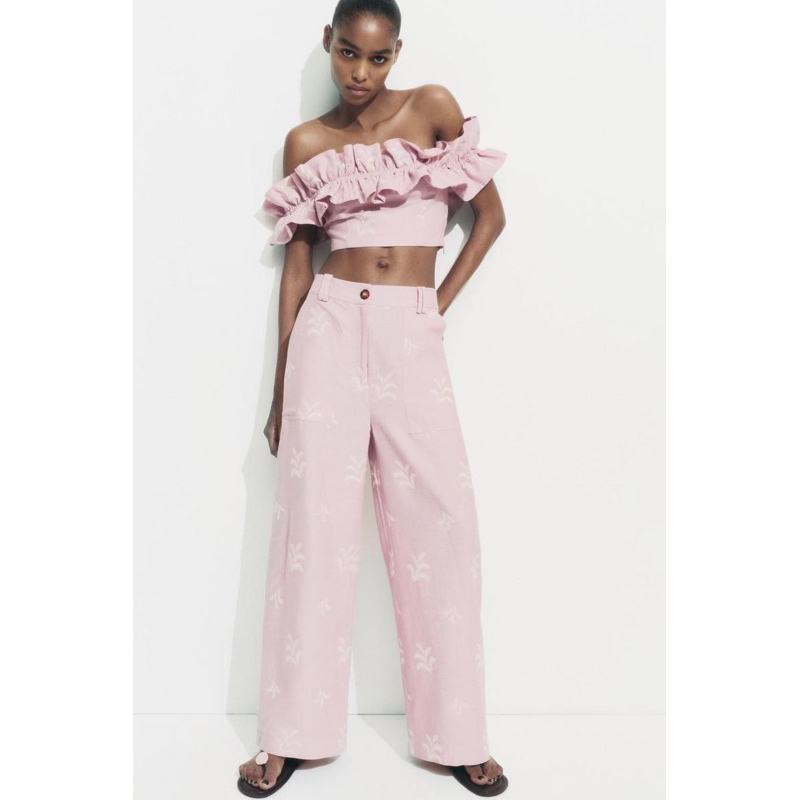 Order set áo quần xuất dư ZARA của nữ Áo croptop vải pha linen thêu hoạ tiết và quần vải pha linen thêu hoạ tiết