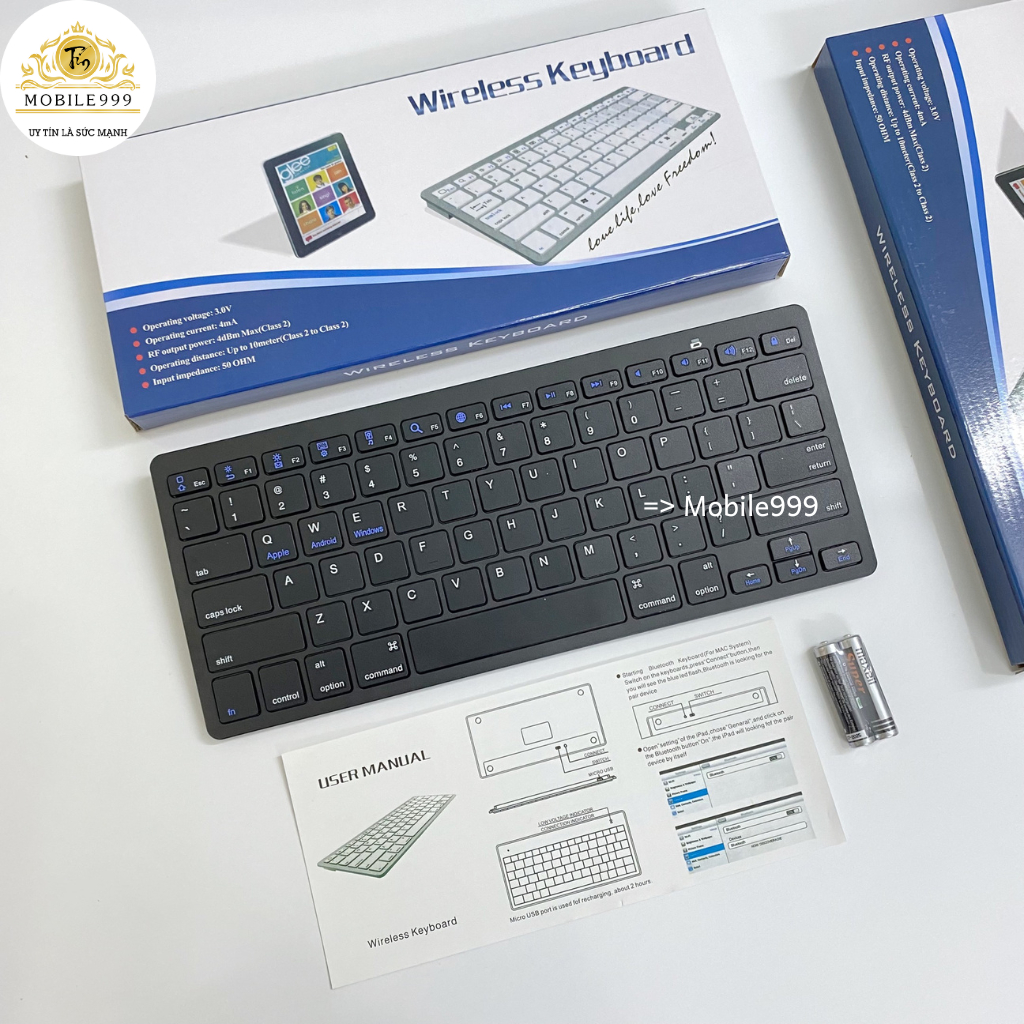 Bàn Phím Không Dây Bluetooth Mỏng Đẹp - Phím ấn nhẹ - Dùng cho - Điện Thoại - Máy Tính Bảng MOBILE999