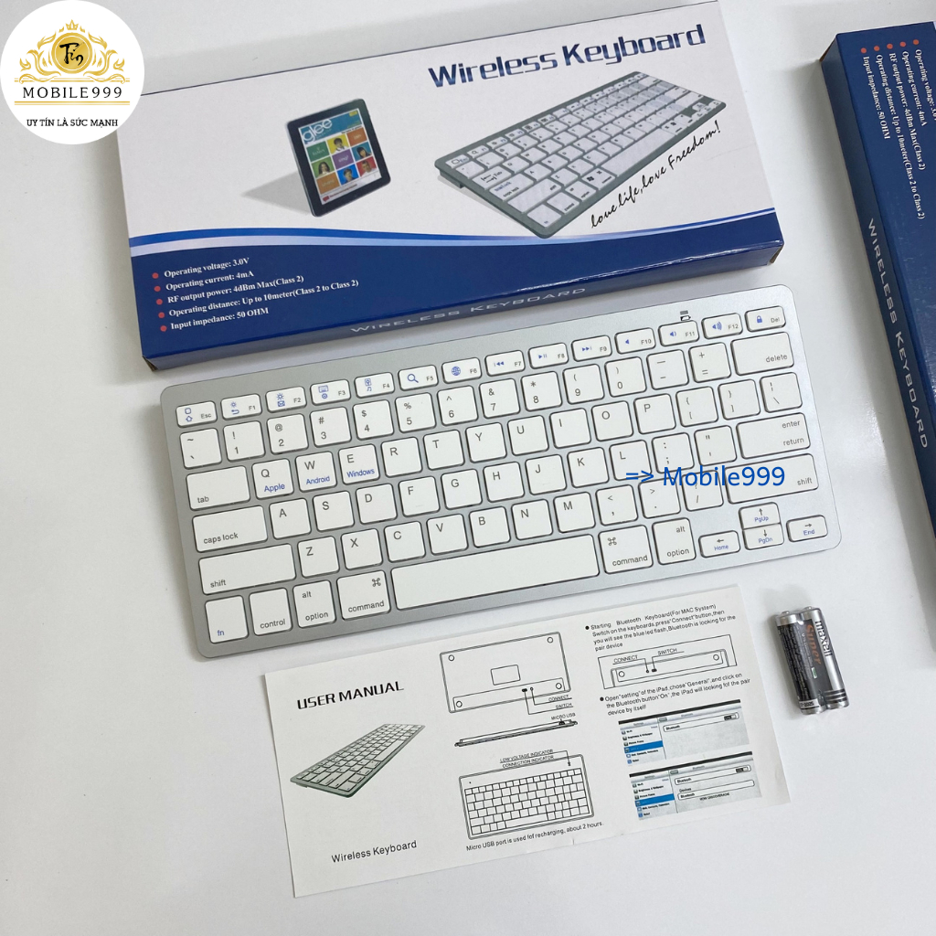 Bàn Phím Không Dây Bluetooth Mỏng Đẹp - Phím ấn nhẹ - Dùng cho - Điện Thoại - Máy Tính Bảng MOBILE999