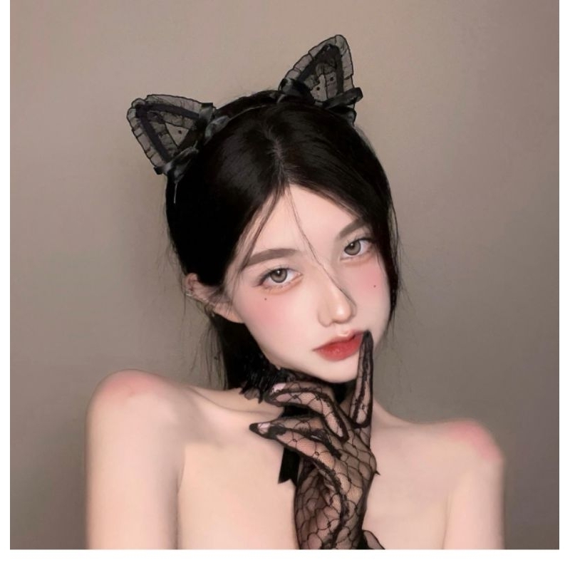 Bờm tóc tai mèo đen ren nơ  K4691 - Hỏa tốc