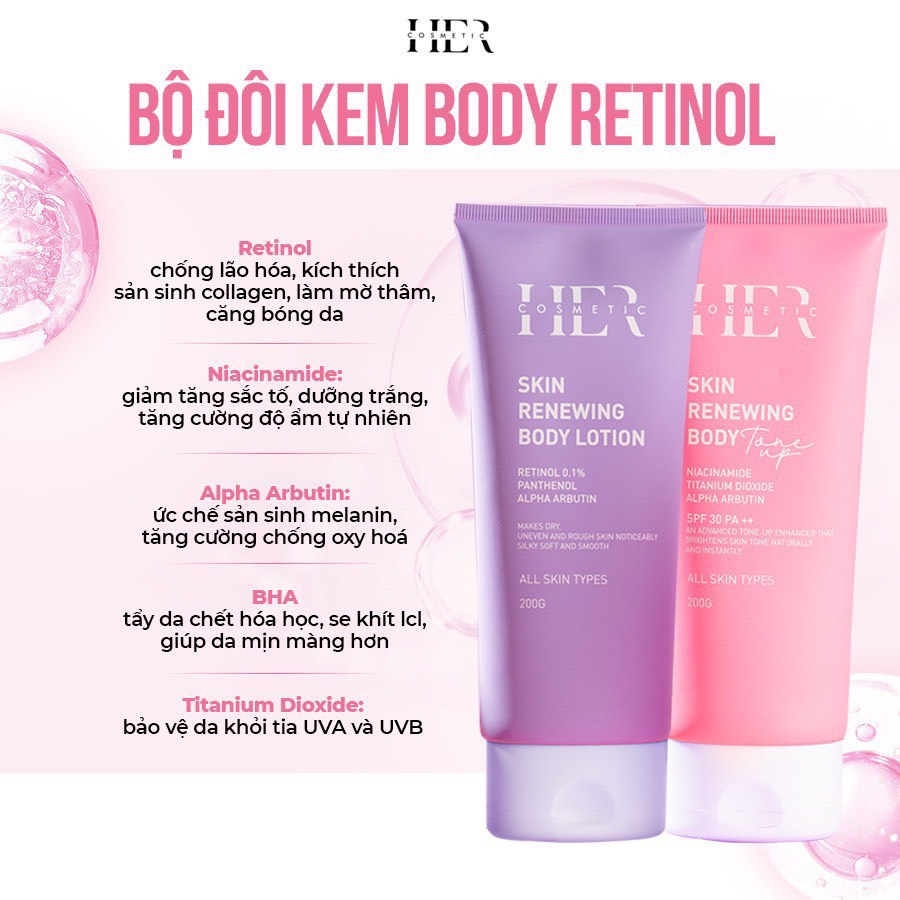 Kem Body Dưỡng Trắng Dưỡng Ẩm Da Her Cosmetic, Body TREATMENT, RETINOL, NIACINAMIDE, ALPHA  ARBUTIN, Xoá Mờ Thâm Sạm