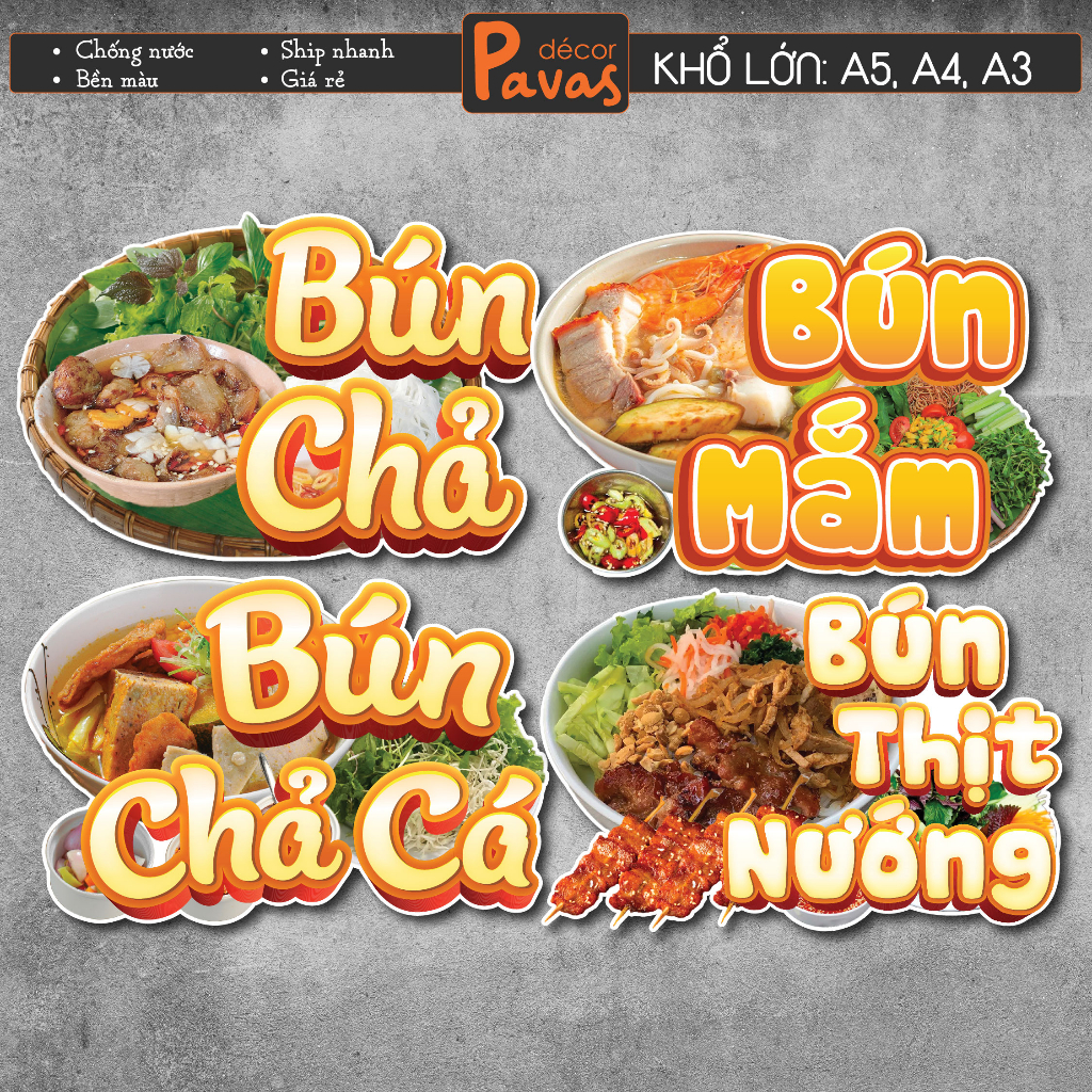 Decal Bún Chả, Bún Mắm, Thịt Nướng, Chả Cá chống nước trang trí dán quán trà sữa, cà phê, quán ăn, d