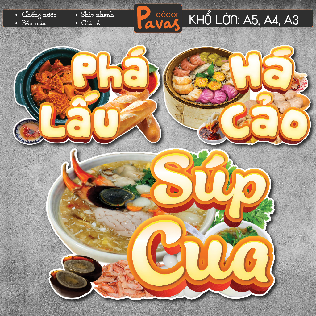 Decal Há Cảo, Phá Lấu, Súp Cua chống nước trang trí dán quán trà sữa, cà phê, quán ăn, dán tường, tủ. TTQ53