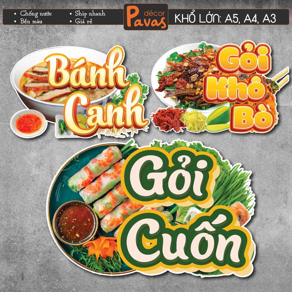Decal Bánh Canh, Gỏi Cuốn, Gỏi Khô Bò chống nước trang trí dán quán trà sữa, cà phê, quán ăn, dán tường, tủ. TTQ54