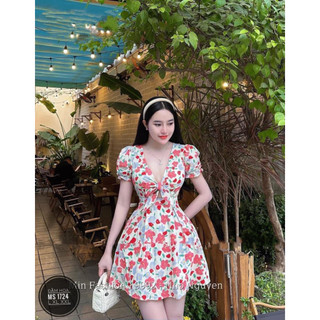 (Bigsize) Đầm hoa dáng ngắn cut ngực đi biển đi du lịch (60-80kg)