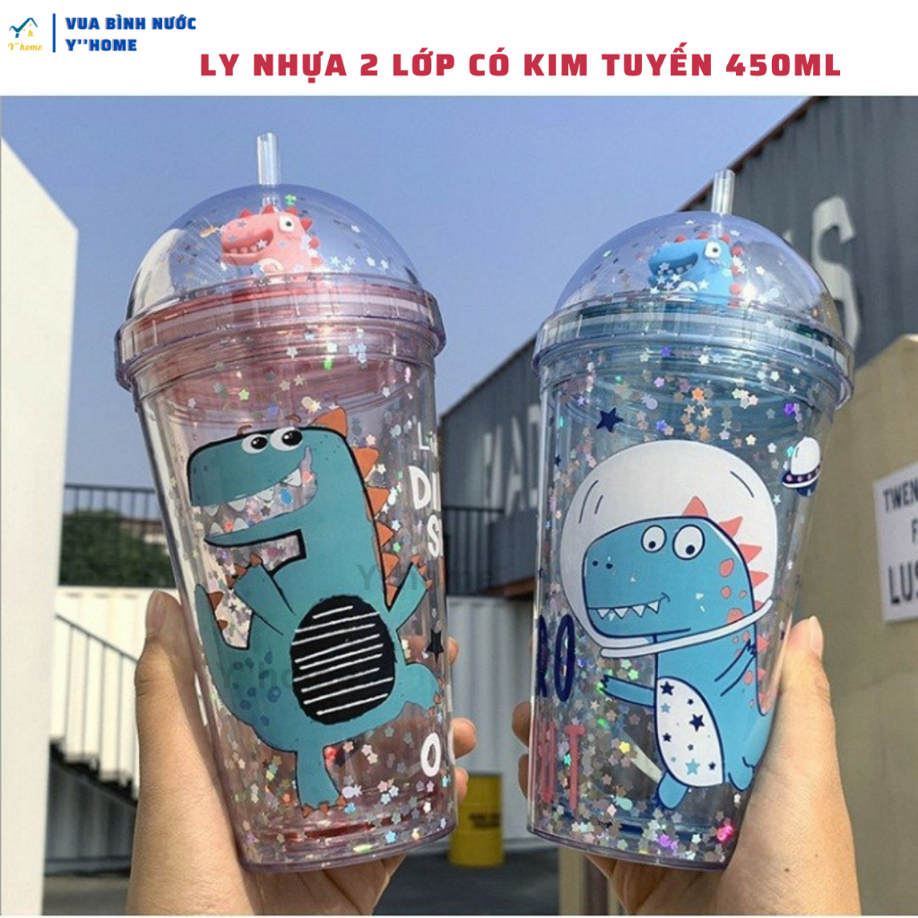 Ly Uống Nước 2 Lớp Có Kim Tuyến 450ml, Ly Uống Nước Ticker Khủng Long, Tặng Kèm Ống Hút!
