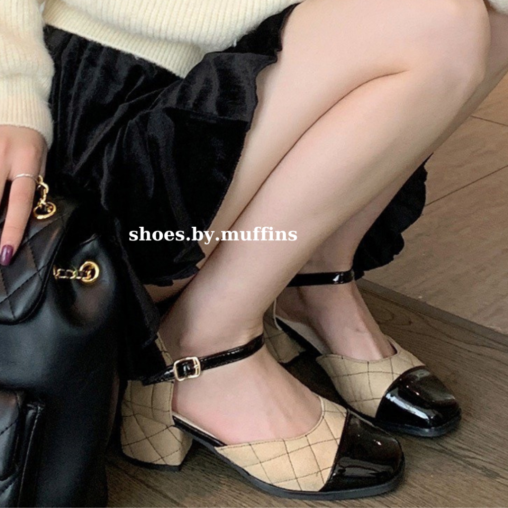 Giày cao gót tiểu thư MARY JANE mũi vuông phối màu họa tiết vân quả trám