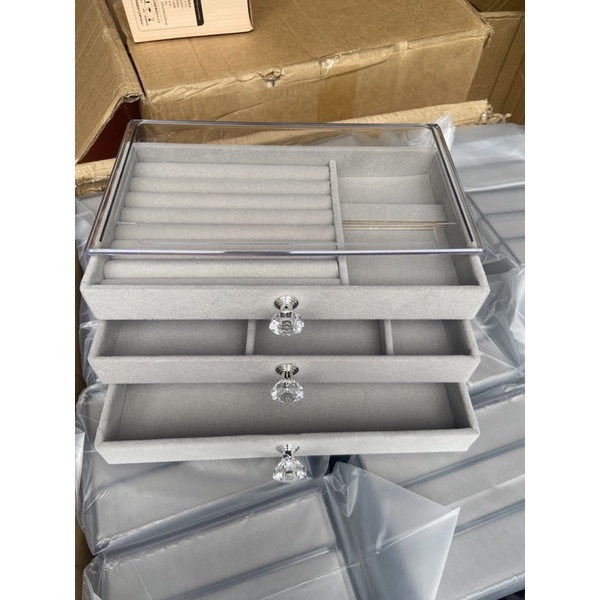 HỘP ĐỰNG TRANG SỨC 3 NGĂN KÉO KHUNG MICA MIX KHAY ĐỰNG ĐỒ TRANG SỨC MỚI 2023