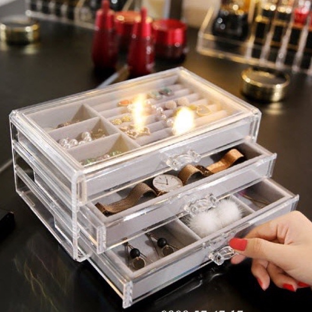 HỘP ĐỰNG TRANG SỨC 3 NGĂN KÉO KHUNG MICA MIX KHAY ĐỰNG ĐỒ TRANG SỨC MỚI 2023