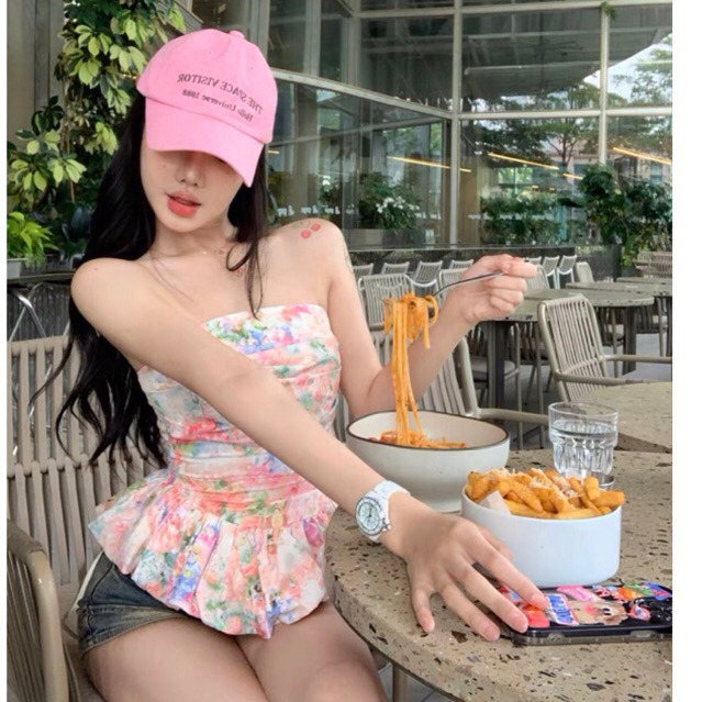 Áo hoa cúp ngực hoa nhún bồng kiểu bí ngô,áo kiểu nữ cúp ngực bồng xoè