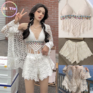 Set Ren Bikini Len Móc Bộ 3 Món Có Bán Rời Họa Tiết Ren Thổ Cẩm Bra Dây Cột Đính Hạt Freesize Hottrend 2023 Mùa Hè (24)
