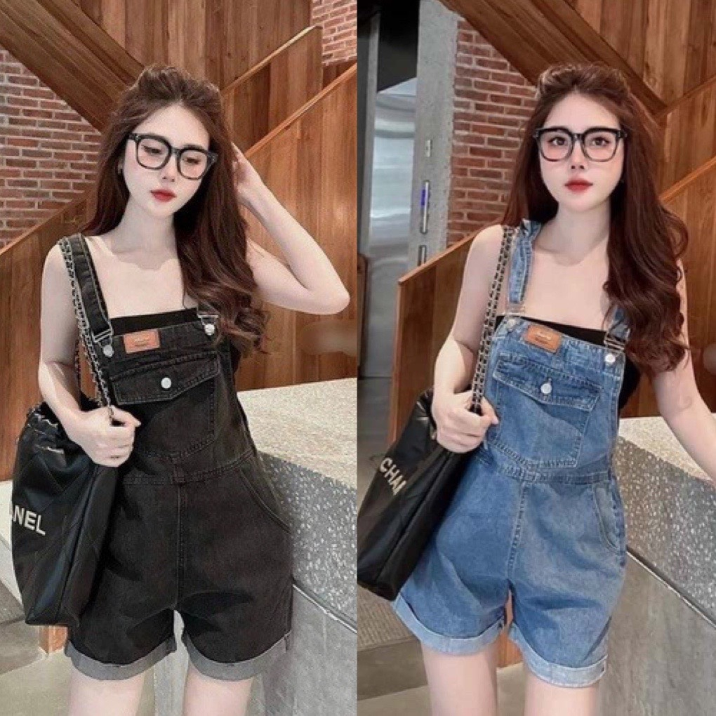 Yếm jean quần đùi nữ thêu logo màu xanh đen, quần short yếm bò nữ dáng ngắn gấp gấu bassideexhottrend 2023 hàn quốc