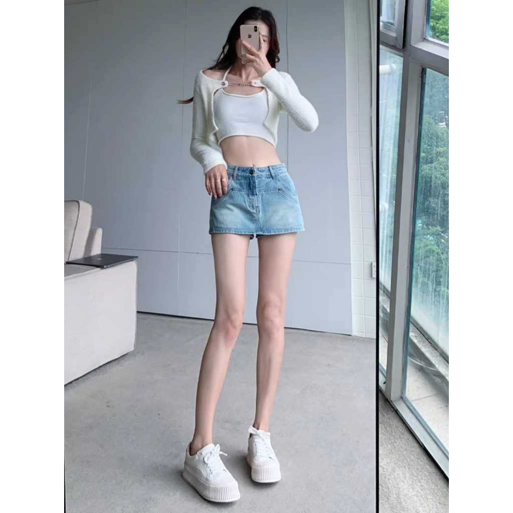 Chân váy bò - Chân váy jeans ngắn chữ A lưng cao, váy bò túi tròn