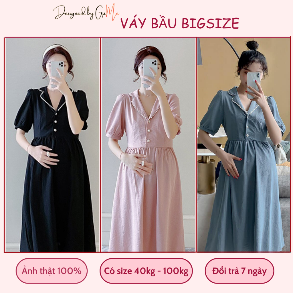 Váy bầu bigsize - Đầm bầu thiết kế GuMe Cổ Pyjama Viền Ren 3 Màu Đen , Hồng , Xanh dáng babydoll chất vải đũi hàn MB168