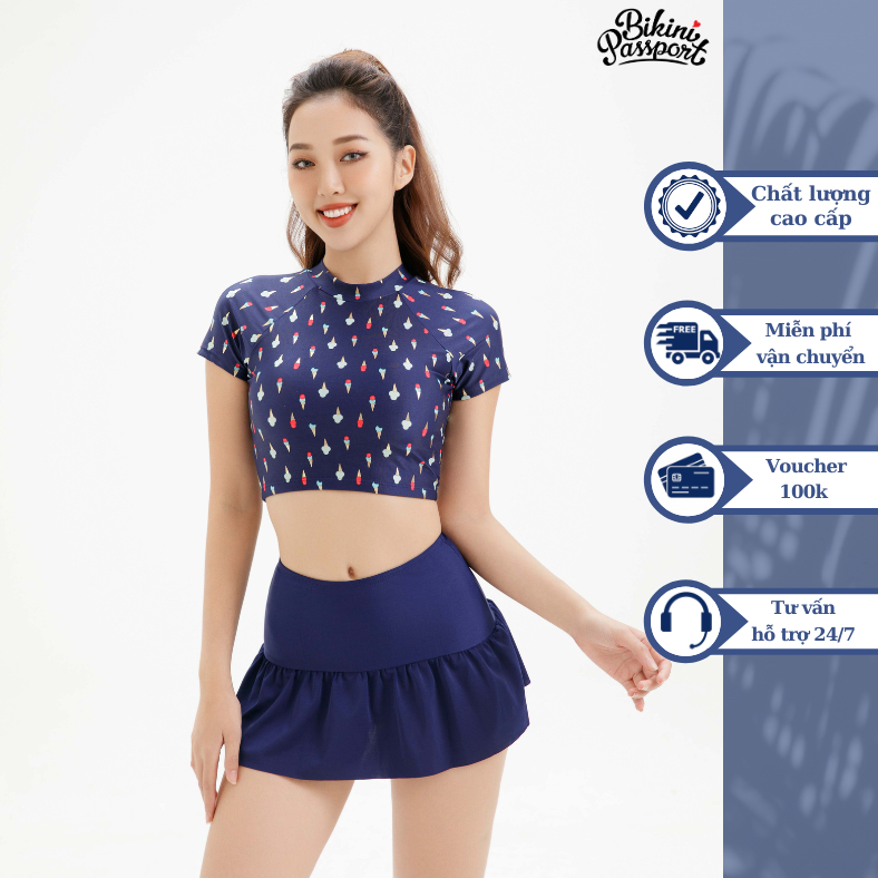 Áo bơi NỮ lẻ BIKINI PASSPORT kiểu Croptop tay ngắn có khoá - màu Hoạ tiết cây kem - BS240_CK