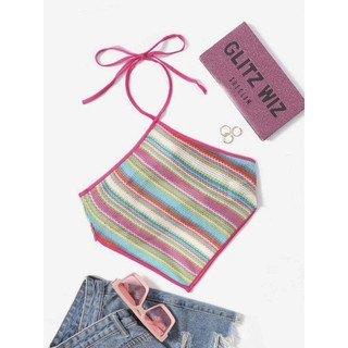 Áo croptop cổ yếm cột dây kẻ sọc ivy top
